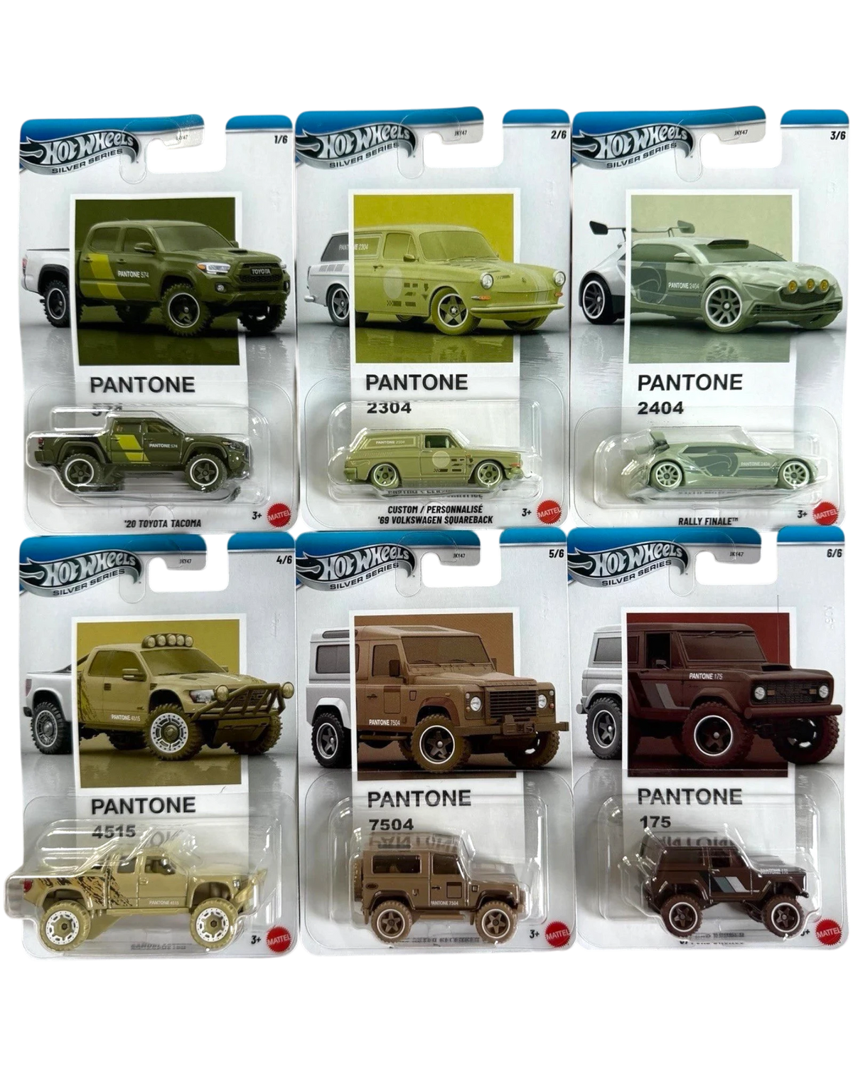 More Than Diecast Hot Wheels Pantone Silver Series 1:64 scale diecast car set of 6 including a chase vehicle.
