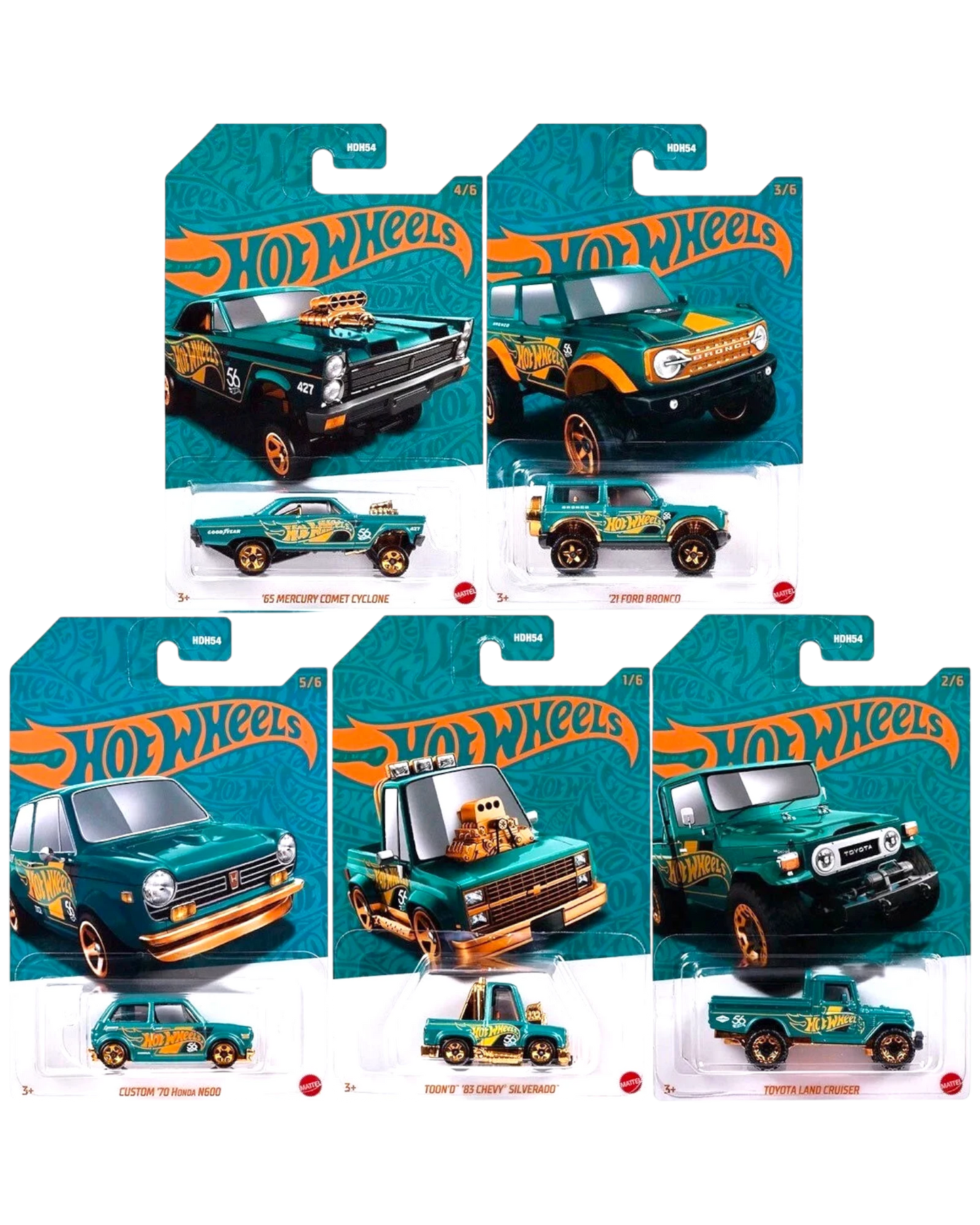 More Than Diecast 5-car set of Hot Wheels 2024 Pearl & Chrome collection in teal and gold. Includes '65 Mercury Comet Cyclone, '21 Ford Bronco, Custom '70 Honda N600, Toon'd '83 Chevy Silverado, and Toyota Land Cruiser.