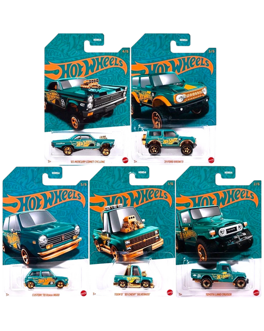 More Than Diecast 5-car set of Hot Wheels 2024 Pearl & Chrome collection in teal and gold. Includes '65 Mercury Comet Cyclone, '21 Ford Bronco, Custom '70 Honda N600, Toon'd '83 Chevy Silverado, and Toyota Land Cruiser.