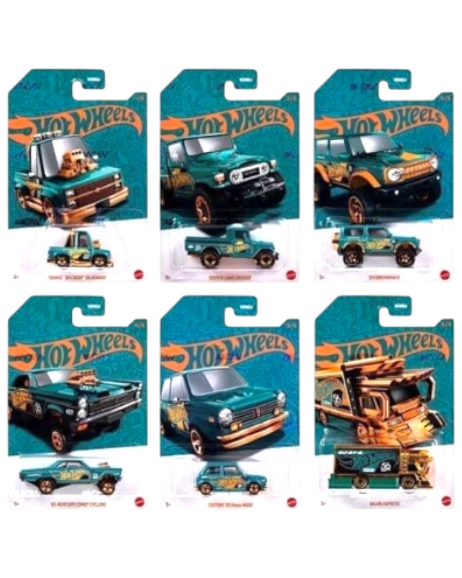 More Than Diecast Hot Wheels 2023 Pearl & Chrome E Case assortment featuring six 1:64 scale die-cast collectible cars.