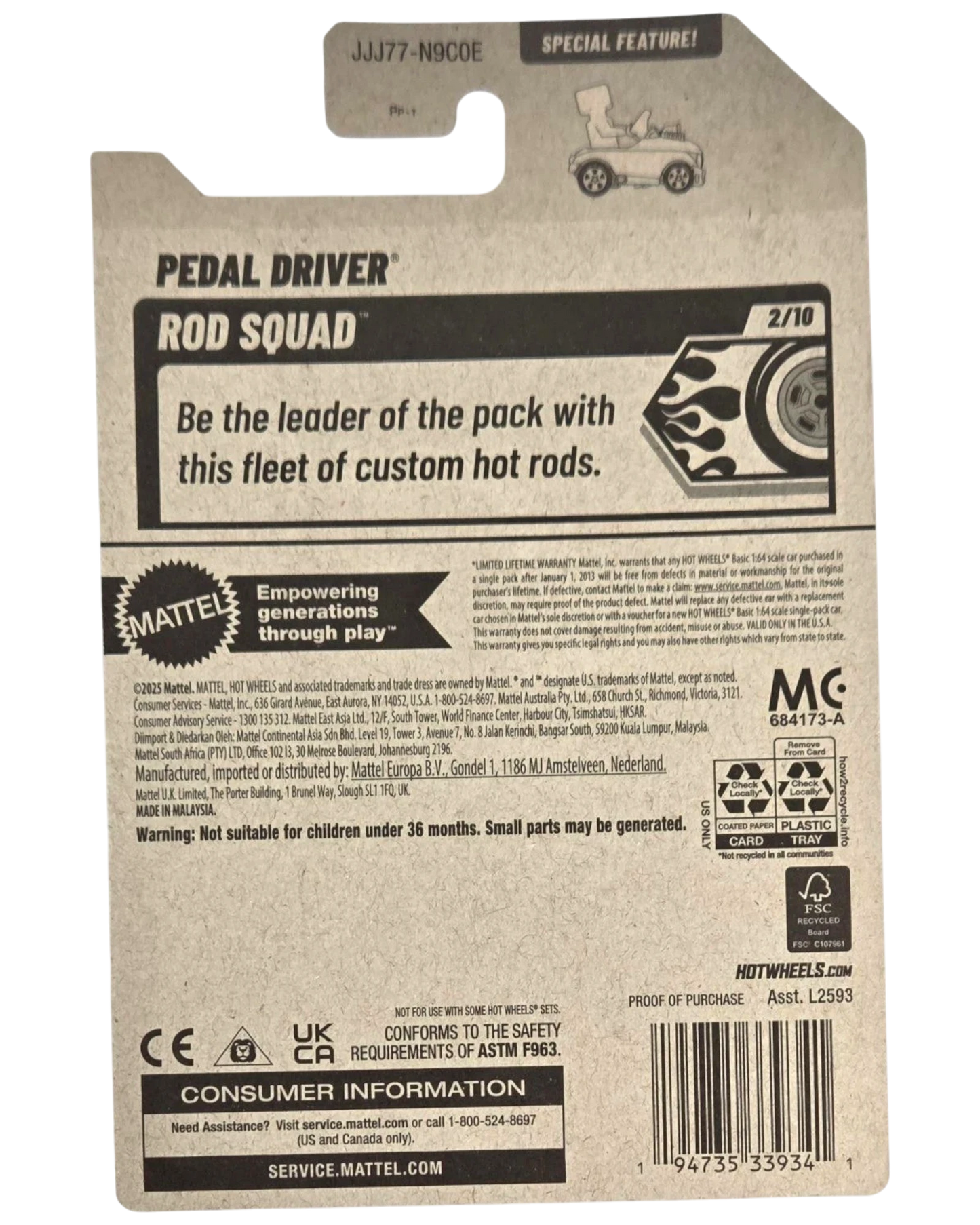 More Than Diecast Hot Wheels Pedal Driver 2026 Rod Squad silver die-cast car packaging back view