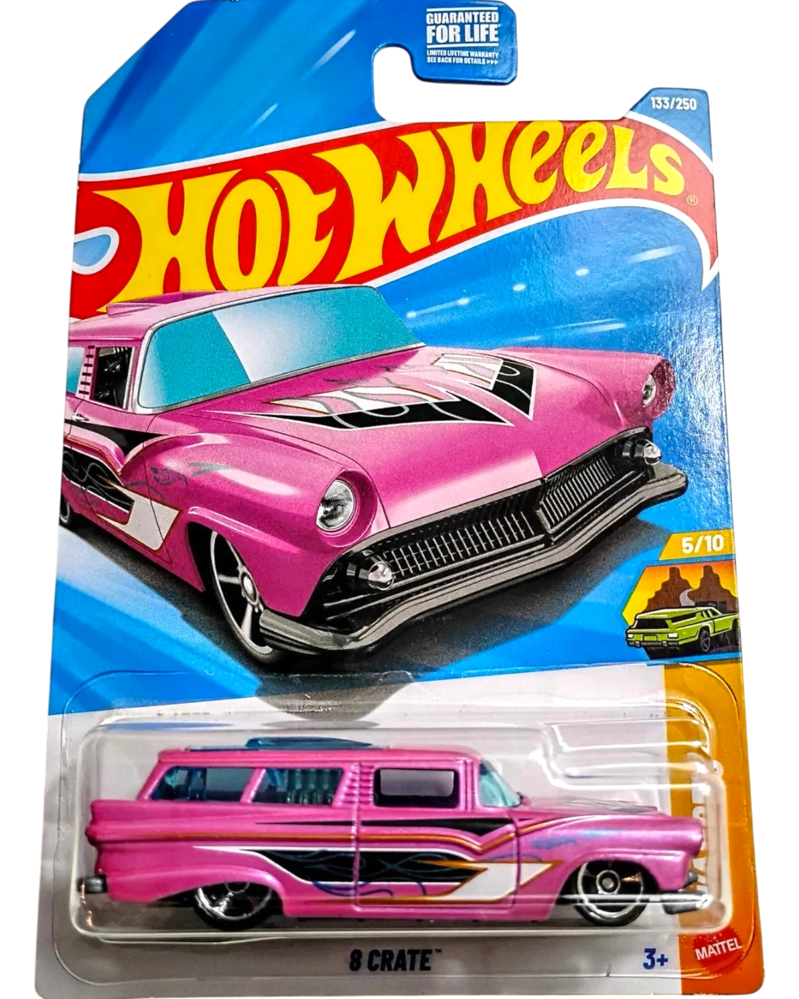 More Than Diecast 2026 Hot Wheels 8 Crate wagon in pink with flame graphics and chrome wheels.
