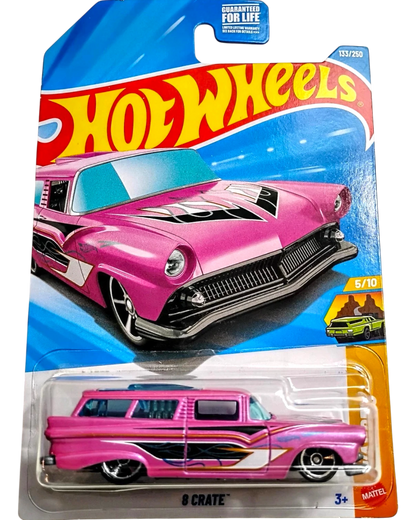 More Than Diecast 2026 Hot Wheels 8 Crate wagon in pink with flame graphics and chrome wheels.