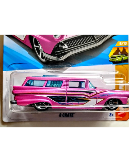 More Than Diecast 2026 Hot Wheels 8 Crate wagon in pink with blue tinted windows and flame graphics.