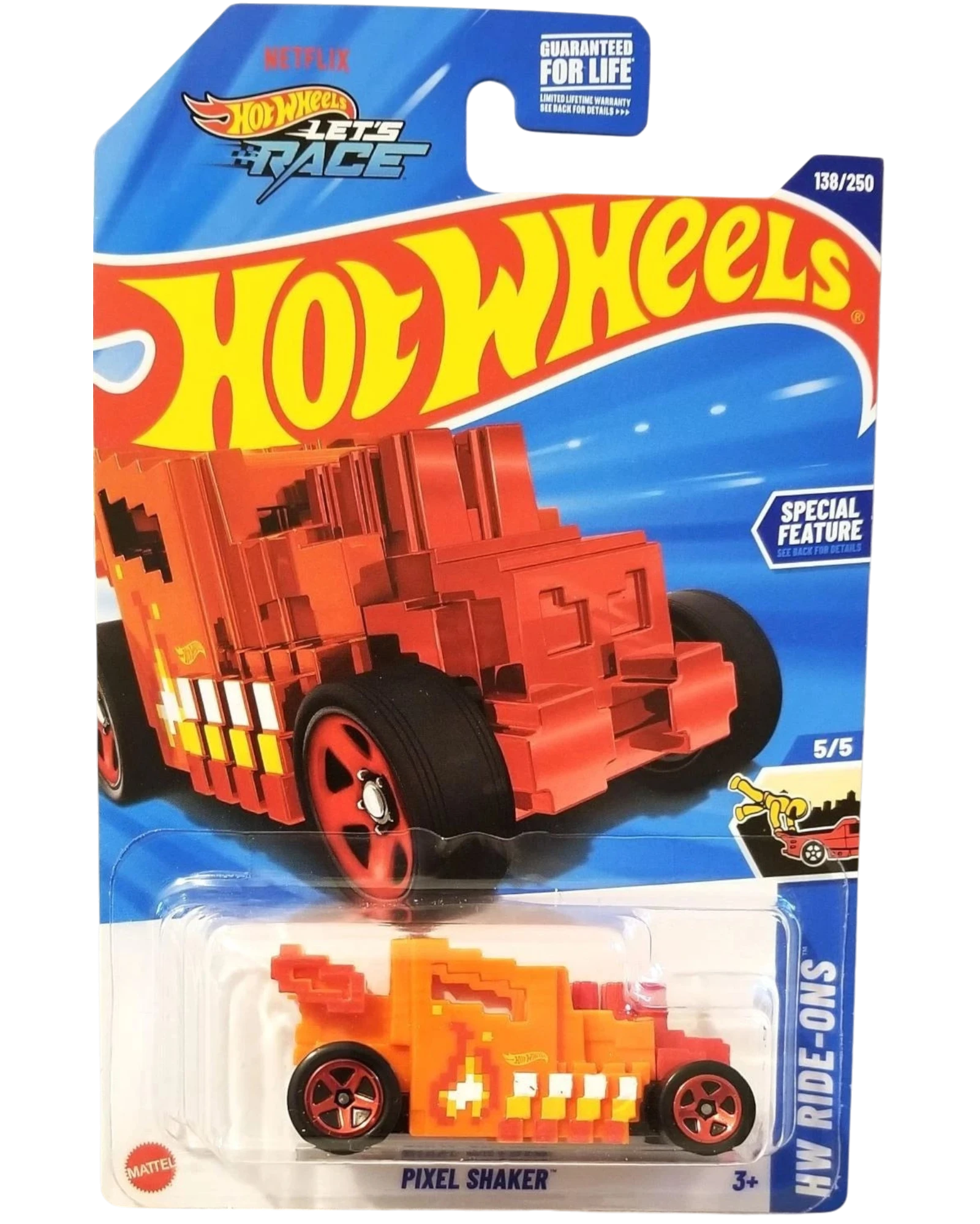 More Than Diecast Hot Wheels Pixel Shaker die-cast car in orange with pixel-art design on blister card packaging