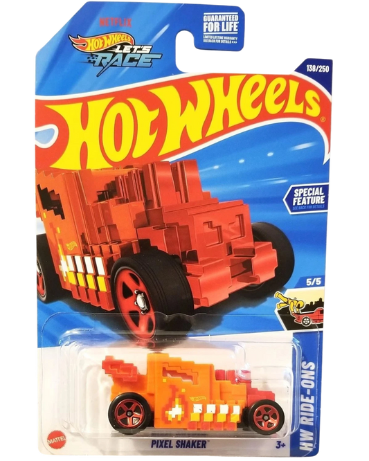 More Than Diecast Hot Wheels Pixel Shaker die-cast car in orange with pixel-art design on blister card packaging