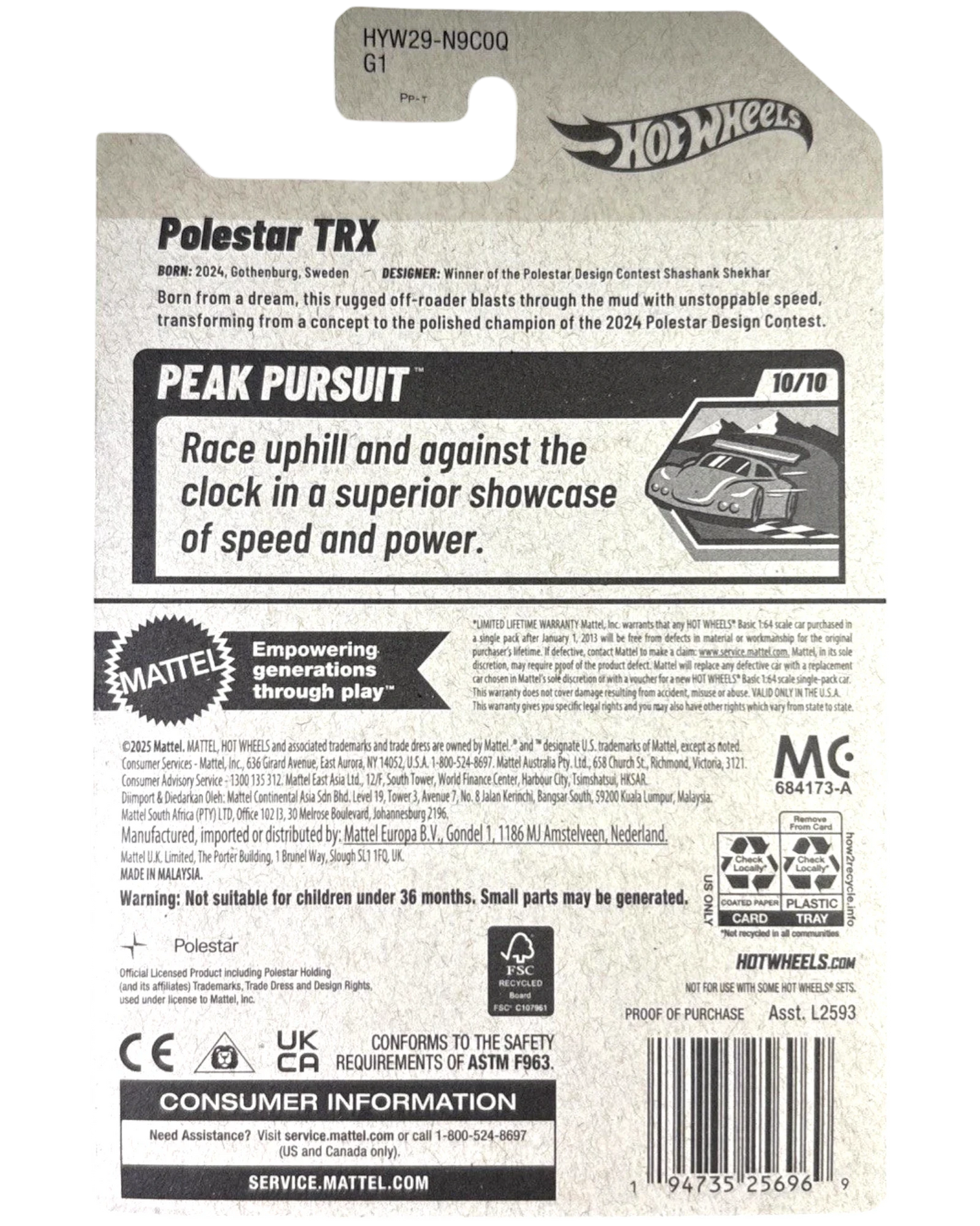 Back of More Than Diecast Hot Wheels Polestar TRX packaging showing product details and Peak Pursuit series info