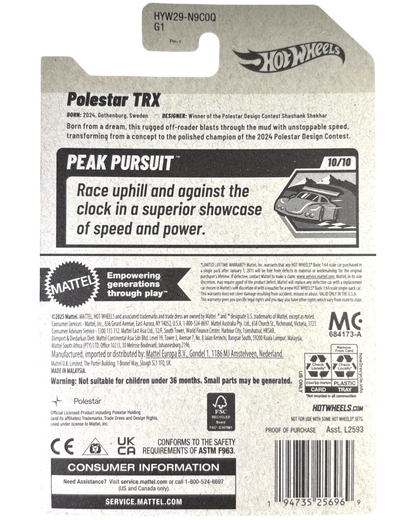 Back of More Than Diecast Hot Wheels Polestar TRX packaging showing product details and Peak Pursuit series info