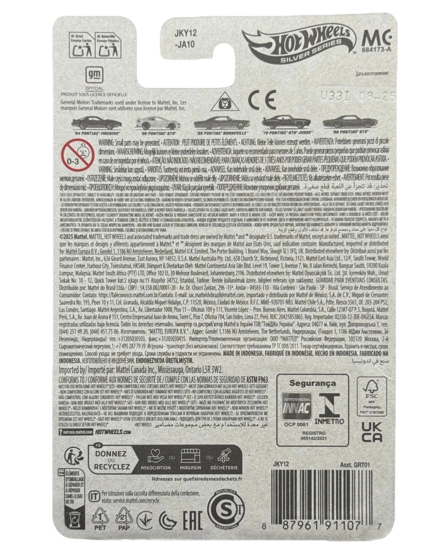 More Than Diecast Hot Wheels Silver Series 2025 HW Pontiac 3/5 ‘65 Pontiac Bonneville in purple. The back of the packaging shows car details and safety information.