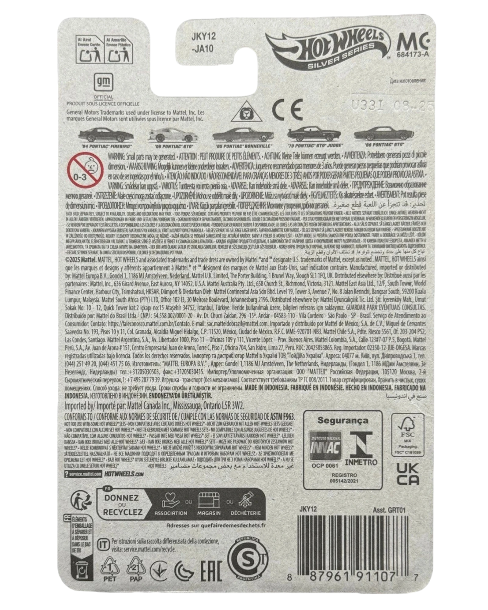 More Than Diecast Hot Wheels Silver Series 2025 HW Pontiac 3/5 ‘65 Pontiac Bonneville in purple. The back of the packaging shows car details and safety information.