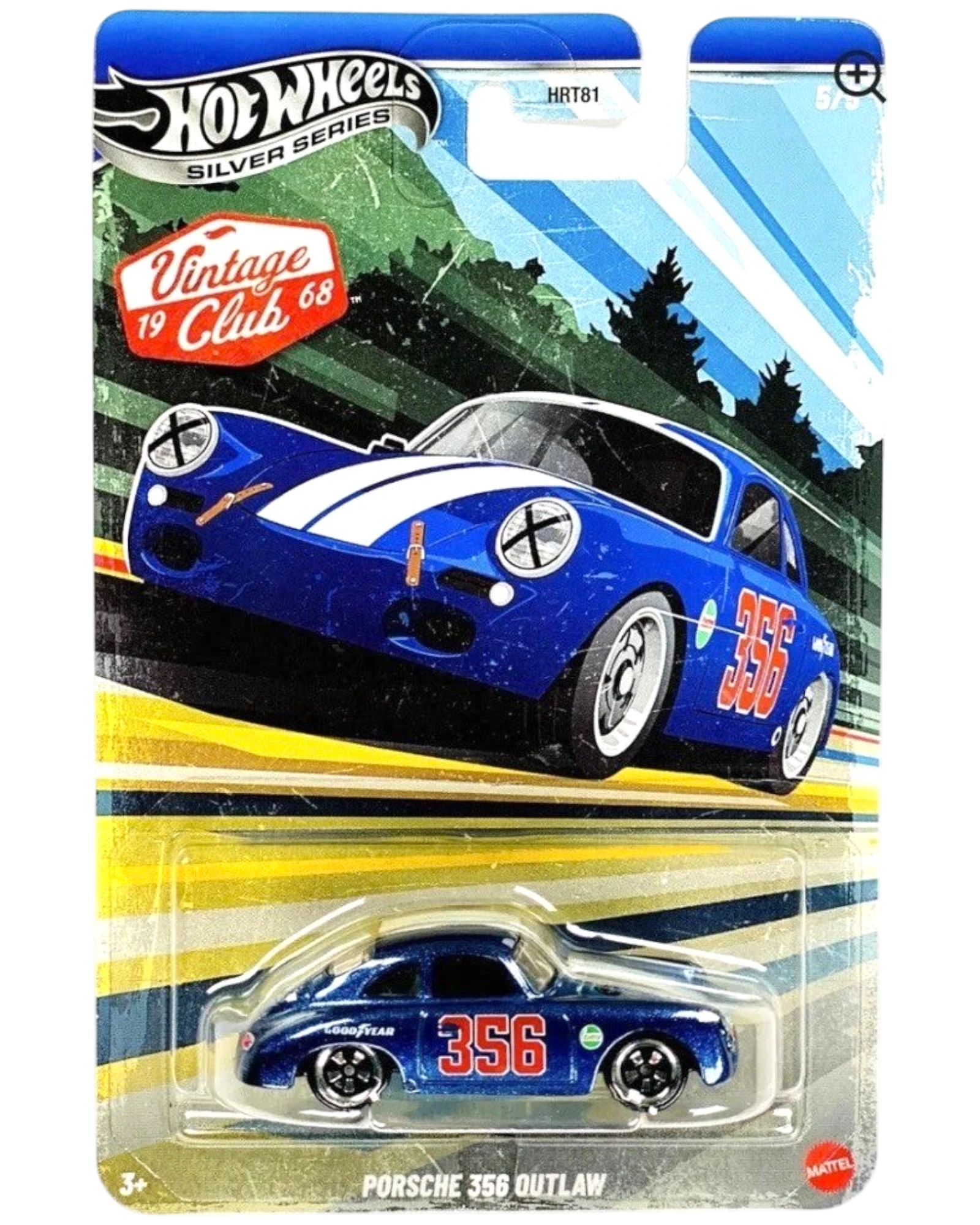 Hot Wheels Silver Series 2026 Vintage Racing Club Grand Prix Porsche 356 Outlaw diecast car in blue with white racing stripes and "356" on the side.