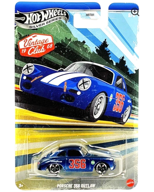 Hot Wheels Silver Series 2026 Vintage Racing Club Grand Prix Porsche 356 Outlaw diecast car in blue with white racing stripes and "356" on the side.
