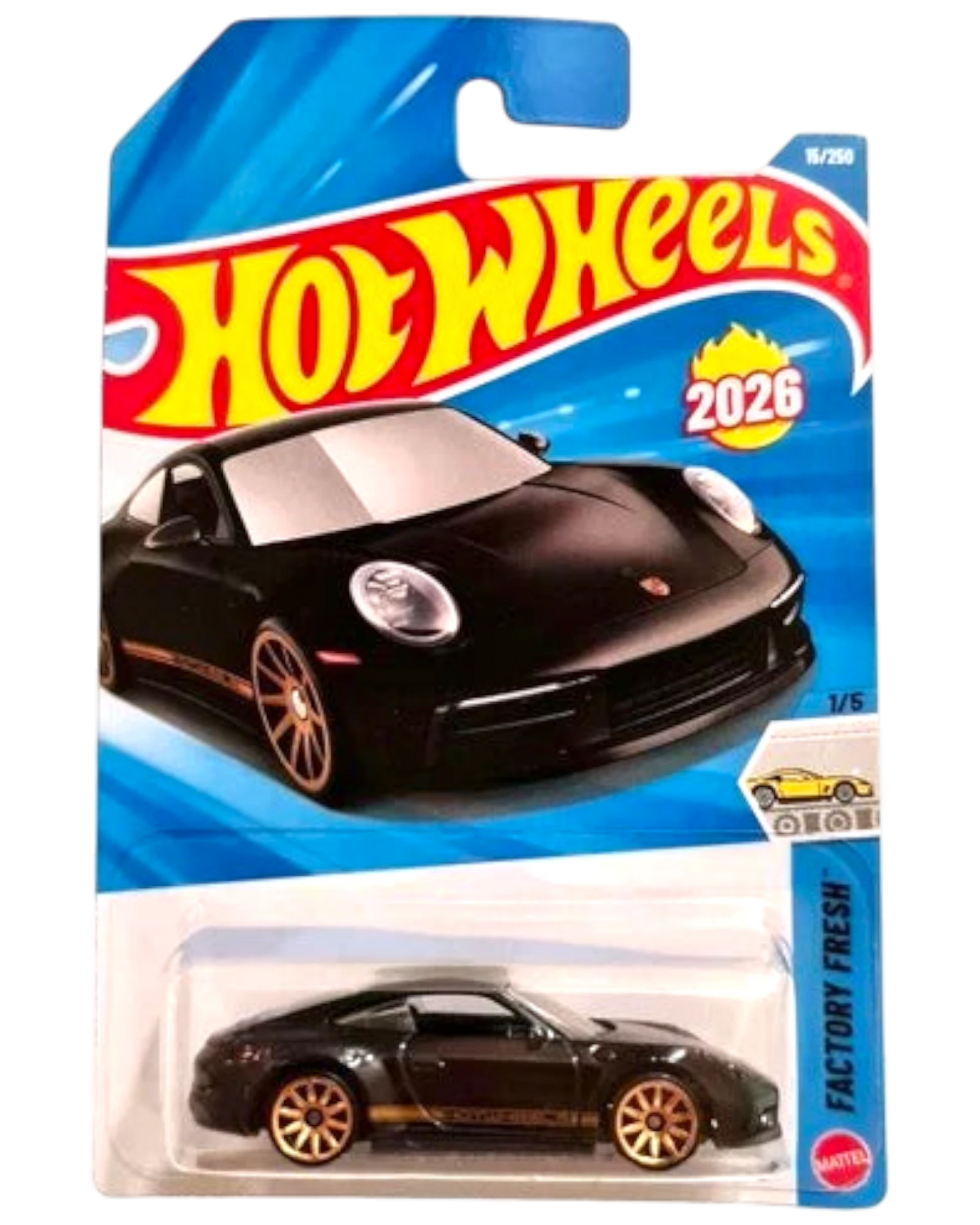More Than Diecast 2026 Hot Wheels Porsche 911 Carrera diecast car in black with gold accents