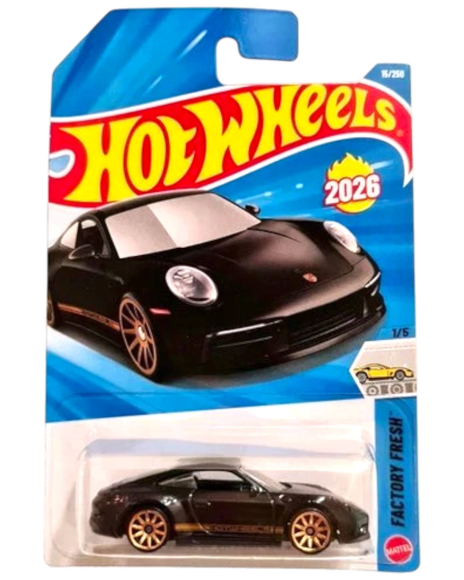 More Than Diecast 2026 Hot Wheels Porsche 911 Carrera diecast car in black with gold accents