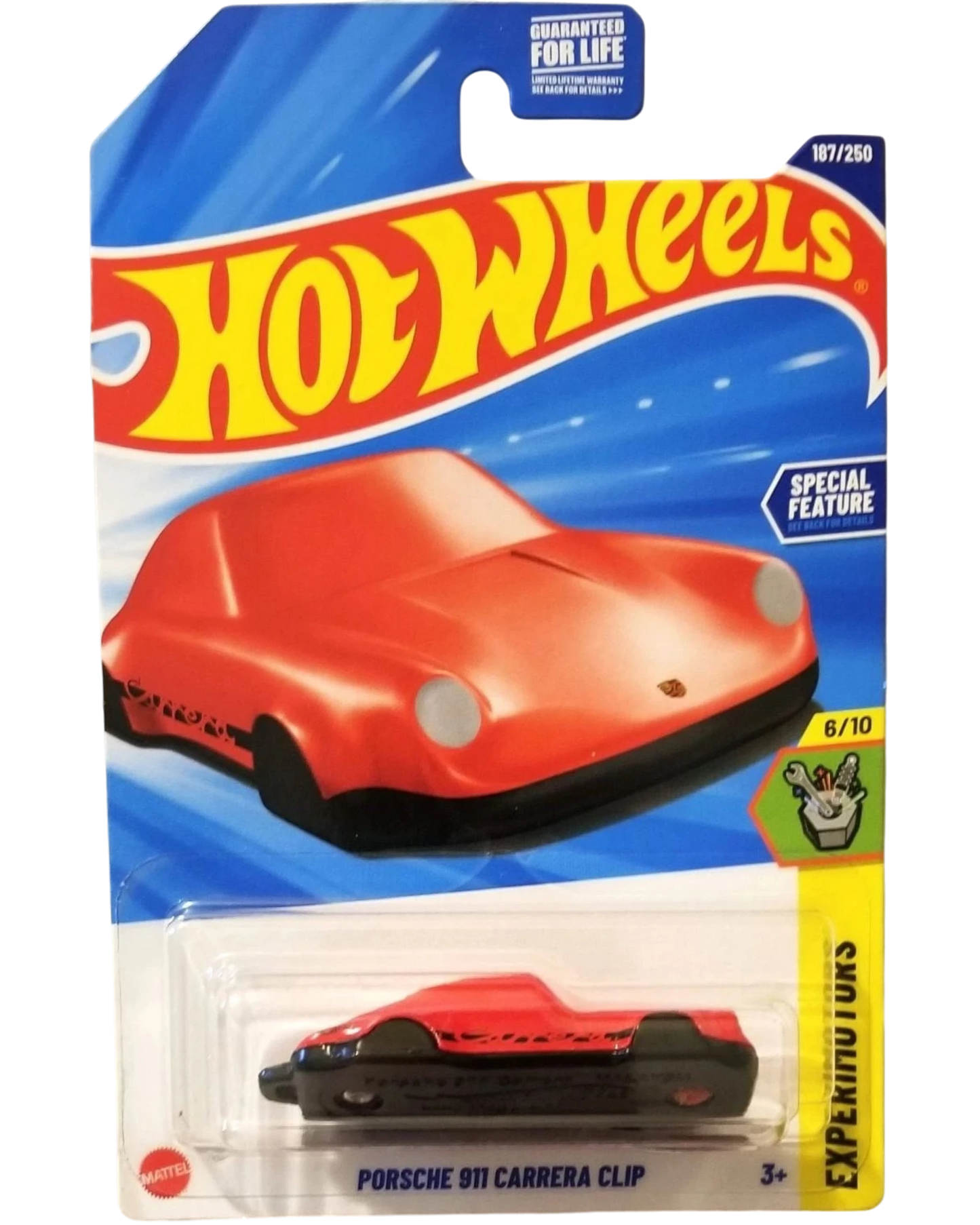 More Than Diecast Hot Wheels Porsche 911 Carrera Clip die-cast car in red, Experimotors series 6/10 in packaging.