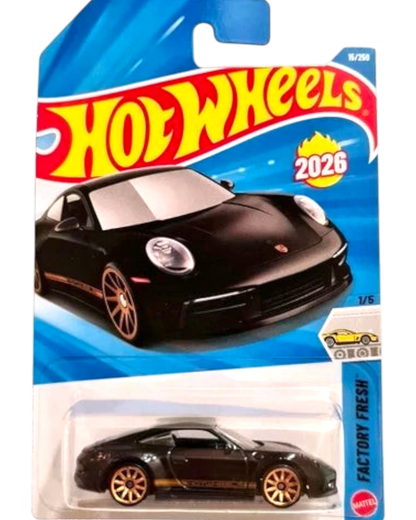 More Than Diecast 2026 Hot Wheels Porsche 911 Carrera T, black diecast car with gold accents and wheels.