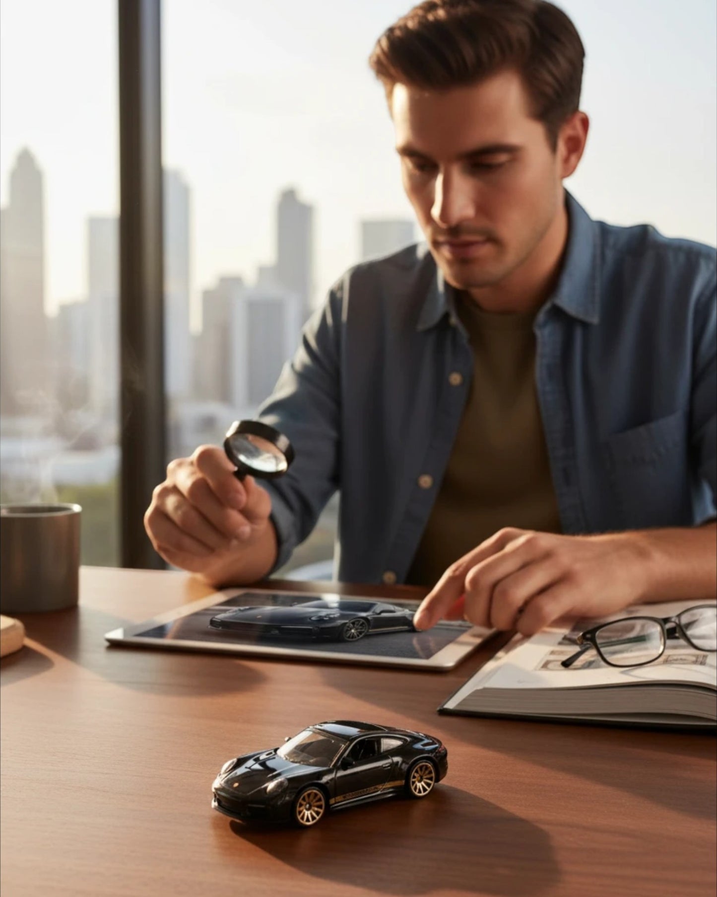More Than Diecast: Black Hot Wheels Porsche 911 Carrera T toy car on a wooden desk, with a man examining it on a tablet.