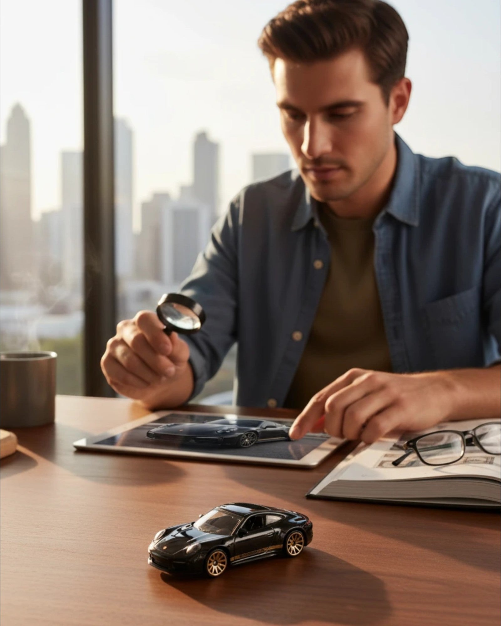 More Than Diecast: Black Hot Wheels Porsche 911 Carrera T toy car on a wooden desk, with a man examining it on a tablet.