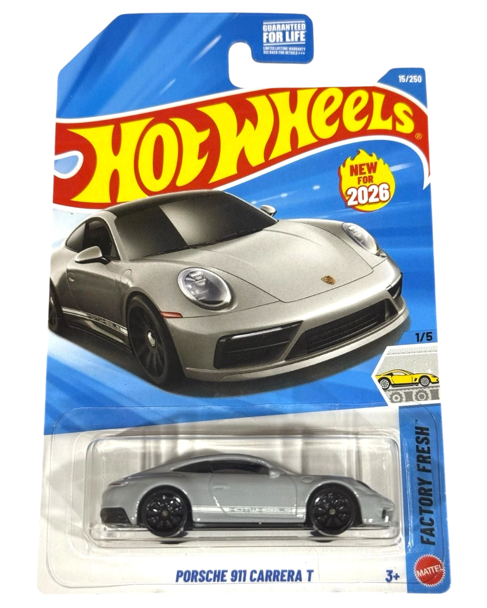 More Than Diecast Hot Wheels Porsche 911 Carrera T 1:64 scale die-cast model car in gray, Factory Fresh #15/250.