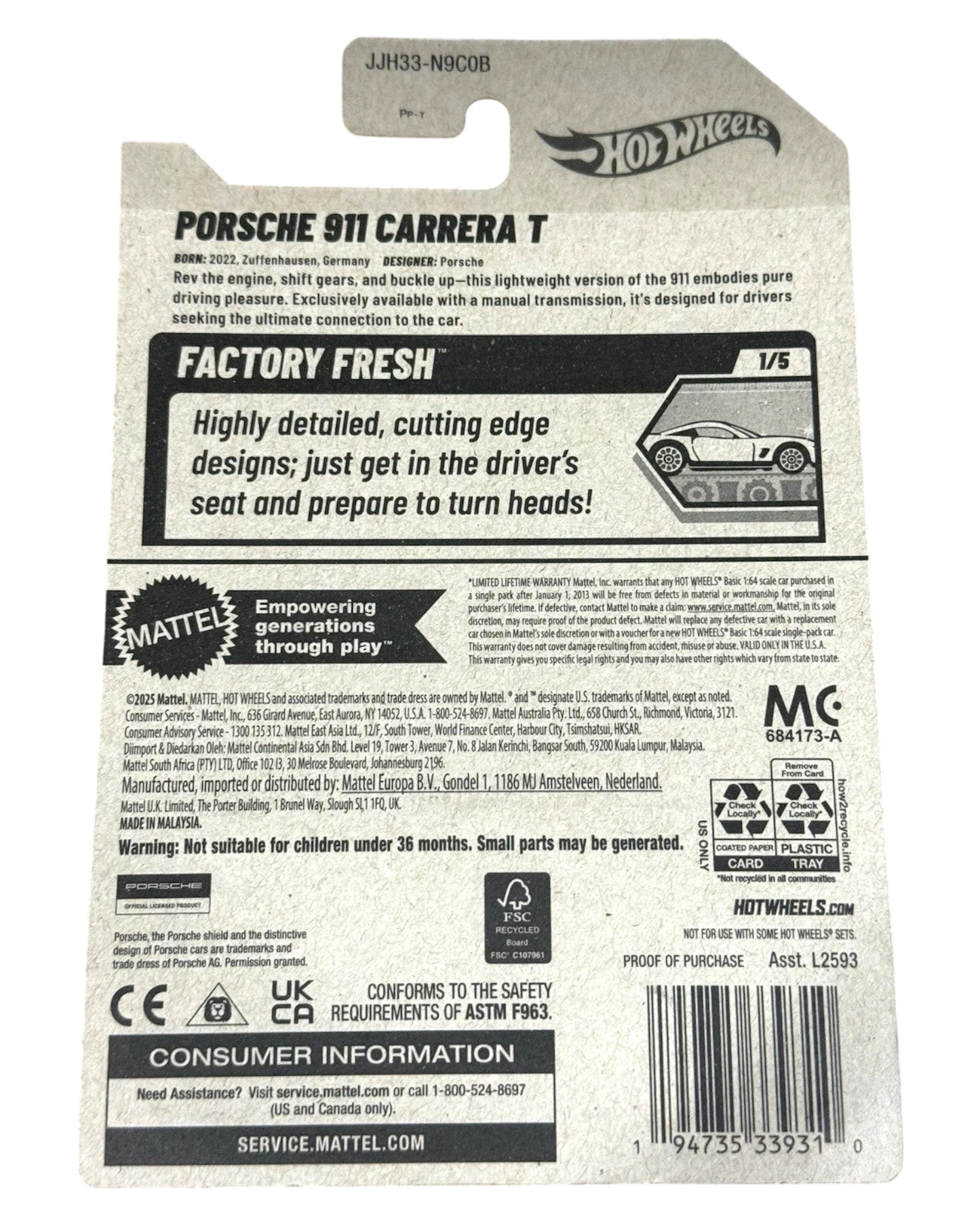 More Than Diecast Hot Wheels 2026 Porsche 911 Carrera T 1:64 scale die-cast model car in gray, Factory Fresh series #15/250.
