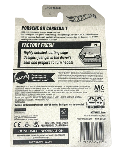 More Than Diecast Hot Wheels 2026 Porsche 911 Carrera T 1:64 scale die-cast model car in gray, Factory Fresh series #15/250.