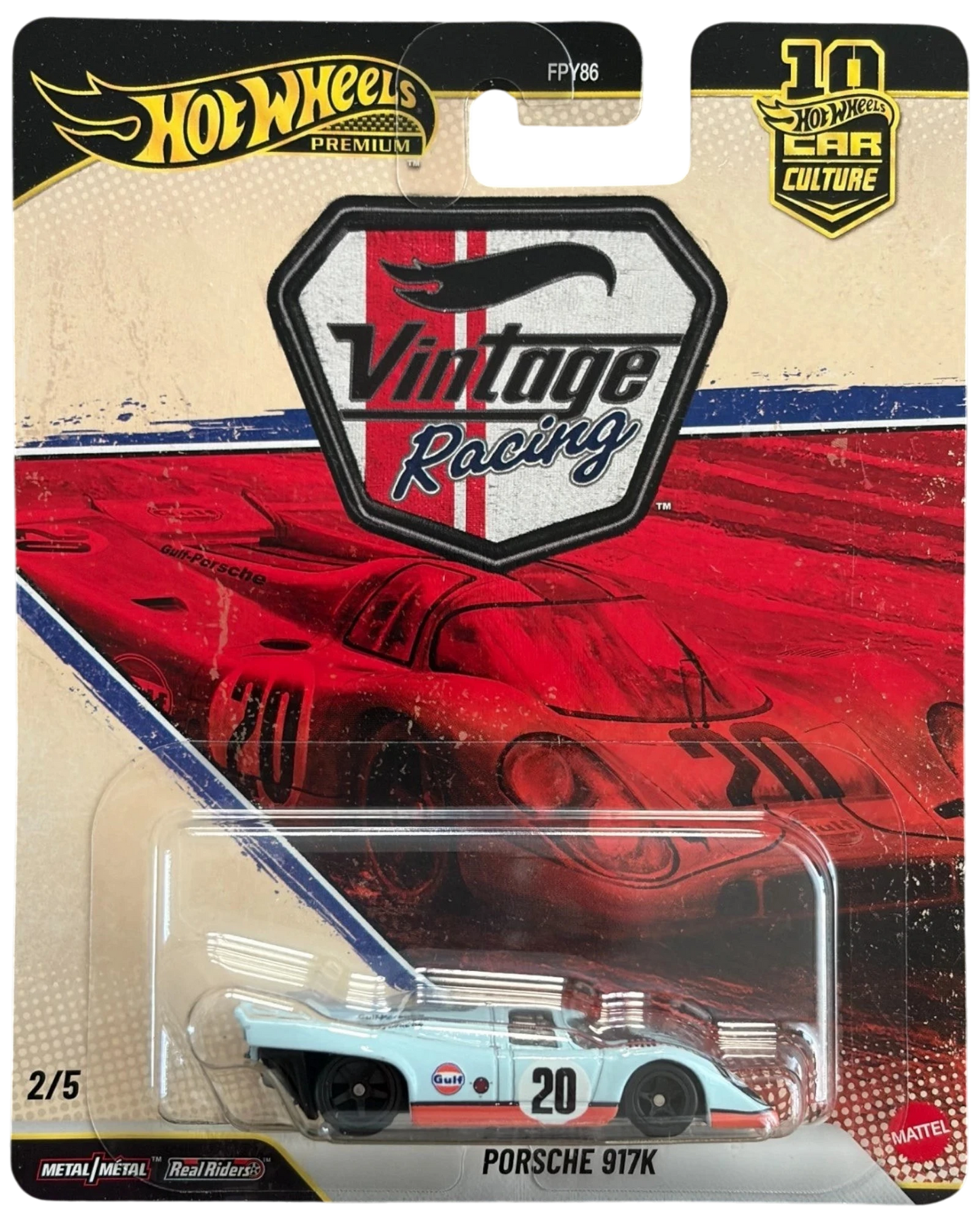 More Than Diecast 2026 Hot Wheels Premium Vintage Racing Porsche 917K diecast car, light blue with orange and white Gulf livery, number 20.