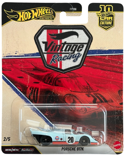 More Than Diecast 2026 Hot Wheels Premium Vintage Racing Porsche 917K diecast car, light blue with orange and white Gulf livery, number 20.