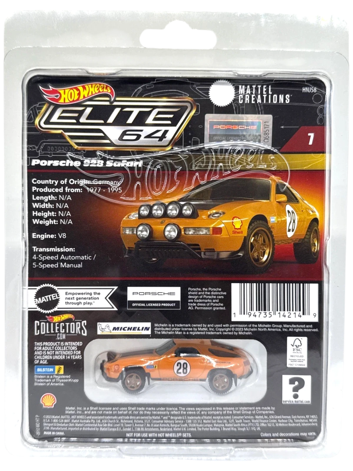 More Than Diecast Hot Wheels Elite 64 Porsche 928 Safari in orange with rally lights and gold wheels. 1:64 scale.