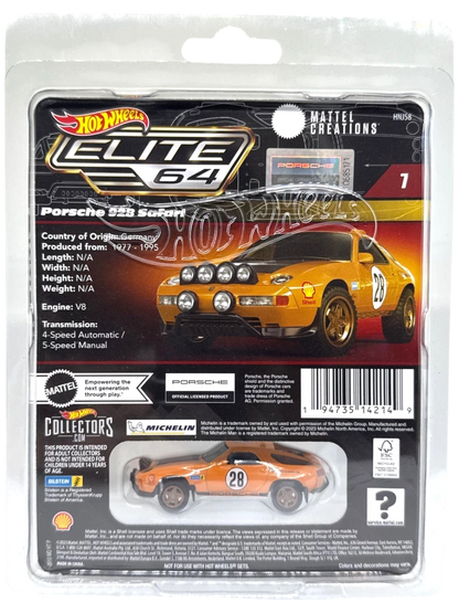 More Than Diecast Hot Wheels Elite 64 Porsche 928 Safari in orange with rally lights and gold wheels. 1:64 scale.