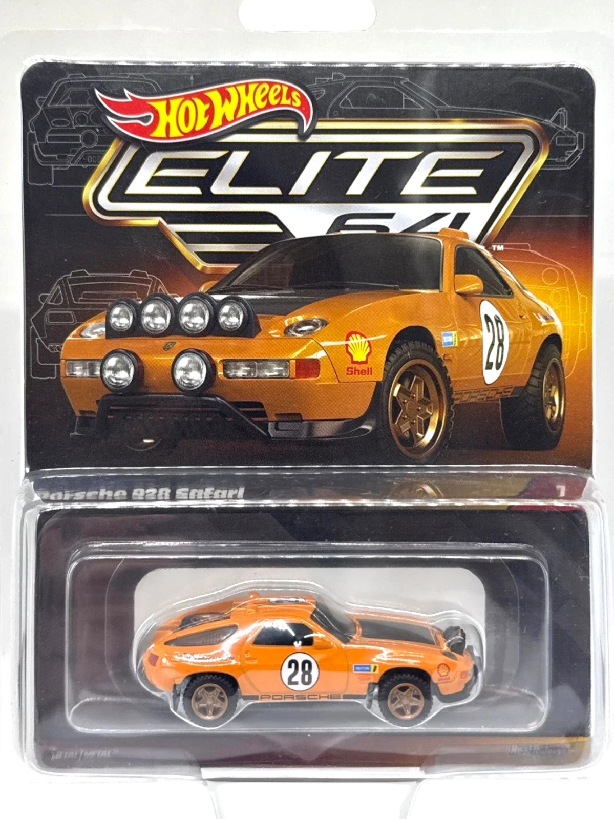 More Than Diecast Hot Wheels Elite 64 Porsche 928 Safari in orange with rally lights and gold wheels.