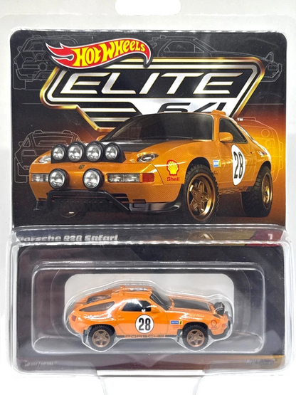 More Than Diecast Hot Wheels Elite 64 Porsche 928 Safari in orange with rally lights and gold wheels.