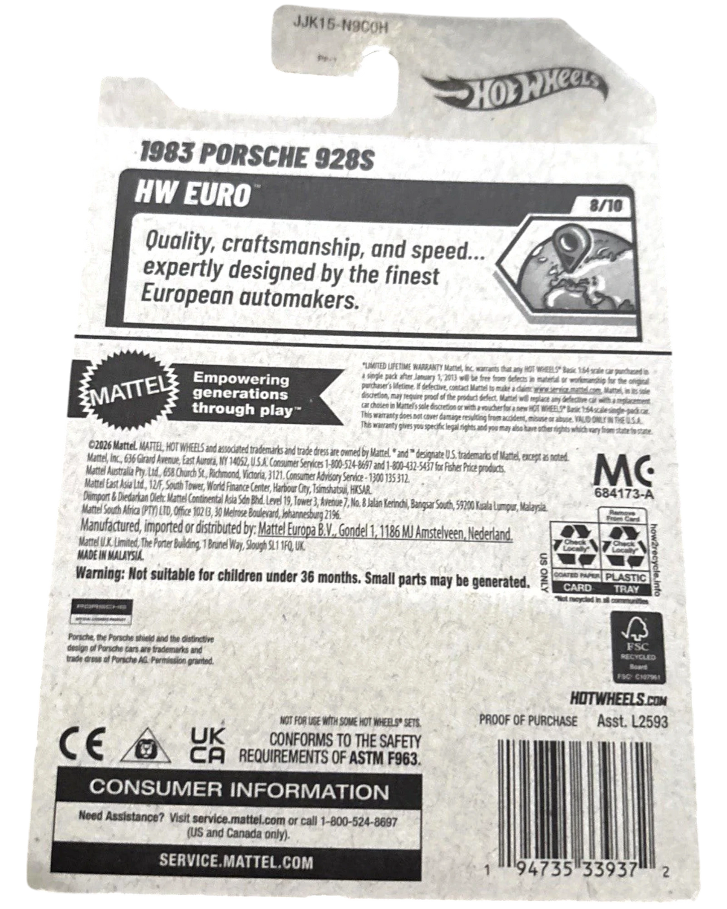 More Than Diecast 2026 Hot Wheels HW Euro 1983 Porsche 928S black diecast car packaging with product details and safety warnings.