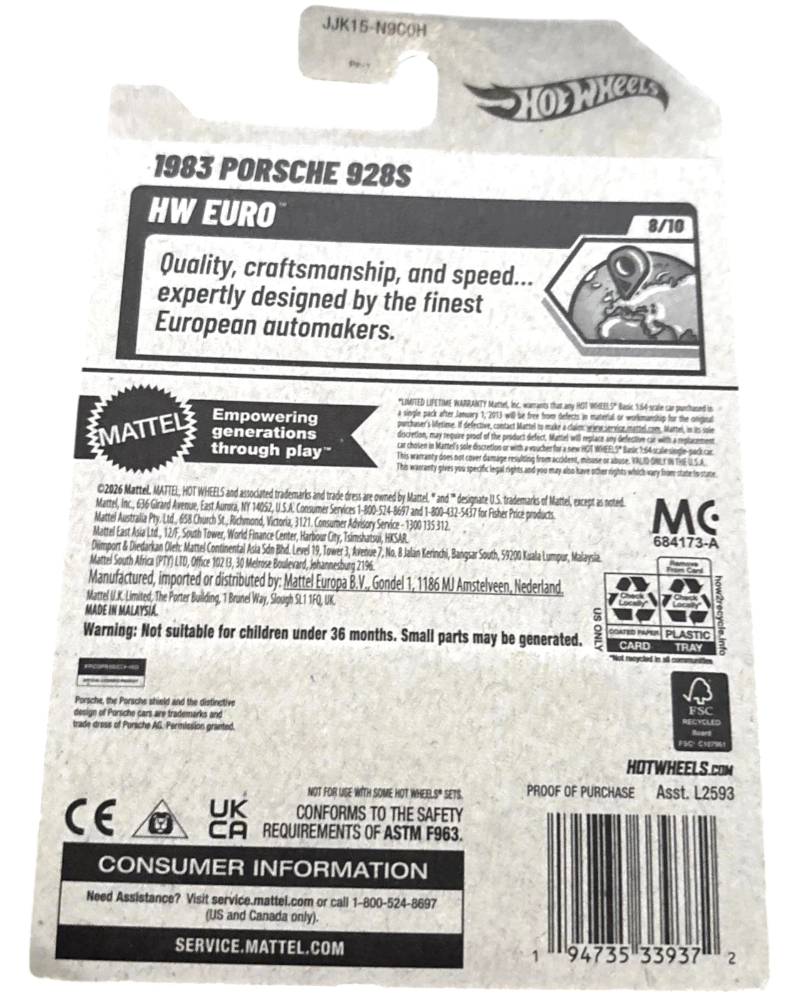 More Than Diecast 2026 Hot Wheels HW Euro 1983 Porsche 928S black diecast car packaging with product details and safety warnings.