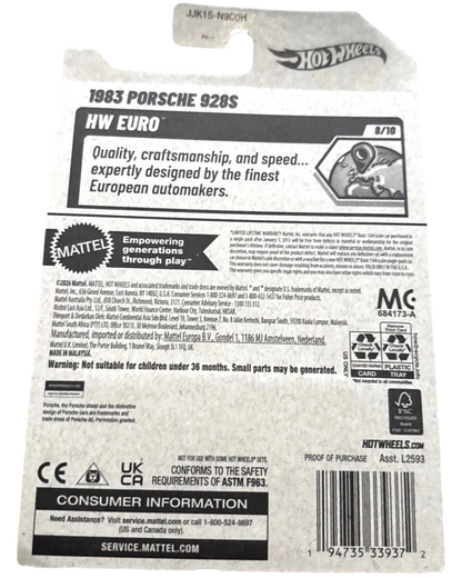 More Than Diecast 2026 Hot Wheels HW Euro 1983 Porsche 928S black diecast car packaging with product details and safety warnings.