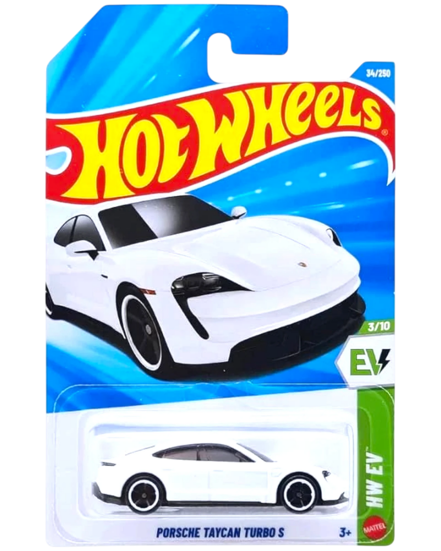 More Than Diecast Hot Wheels Porsche Taycan Turbo S white 1:64 scale diecast car in packaging.