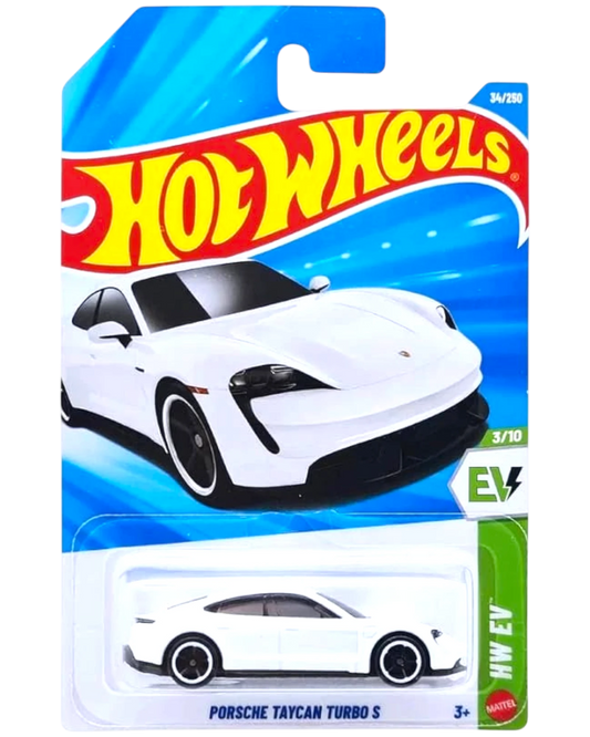 More Than Diecast Hot Wheels Porsche Taycan Turbo S white 1:64 scale diecast car in packaging.