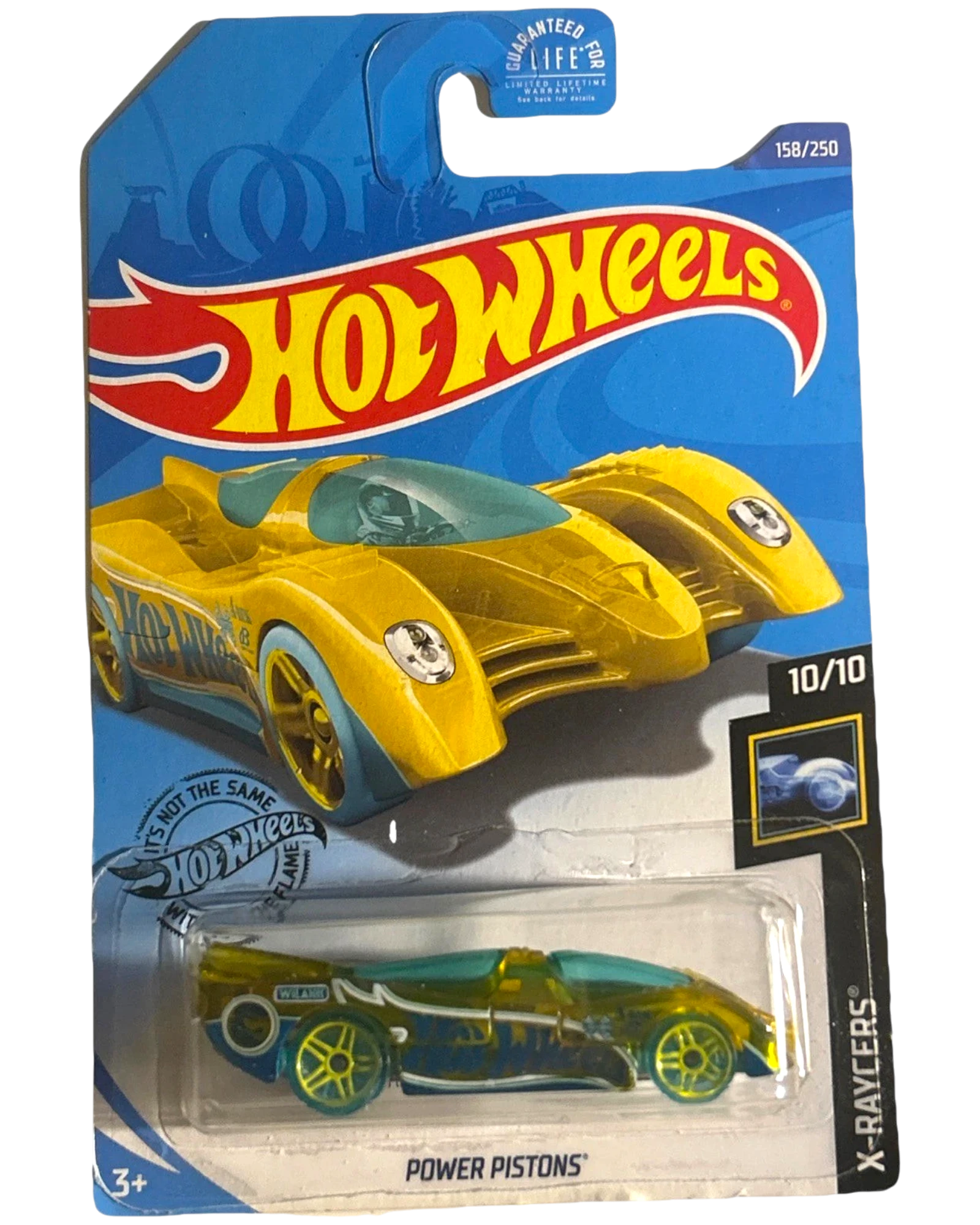 More Than Diecast Hot Wheels Power Pistons Treasure Hunt die-cast car in yellow and blue packaging