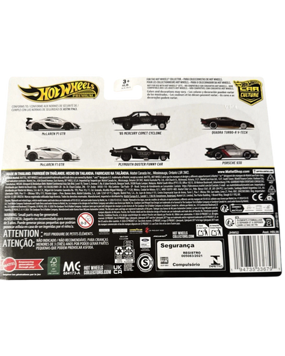 More Than Diecast Hot Wheels Premium Car Culture packaging back showing McLaren F1 GTR and P1 GTR model car details.