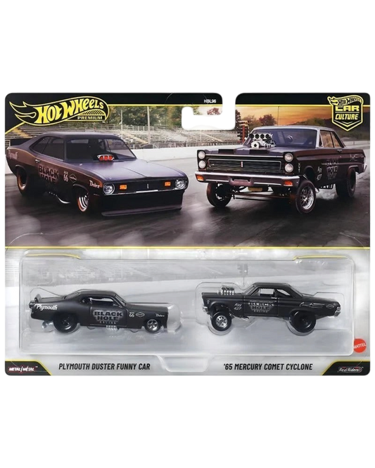 More Than Diecast Hot Wheels Premium 2-pack featuring black Plymouth Duster Funny Car and '65 Mercury Comet Cyclone.