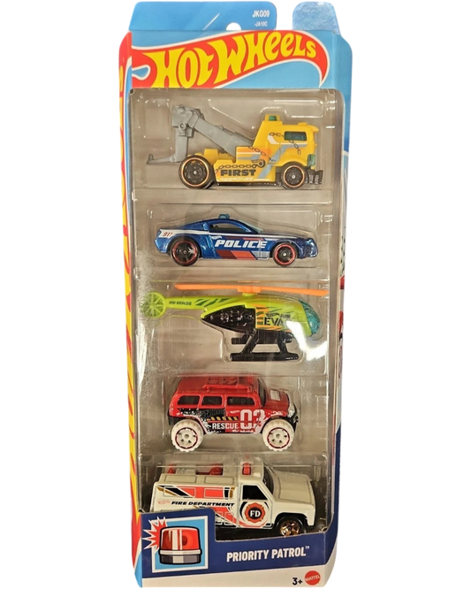 More Than Diecast Hot Wheels 2026 Priority Patrol 5-pack featuring assorted police and emergency vehicle models