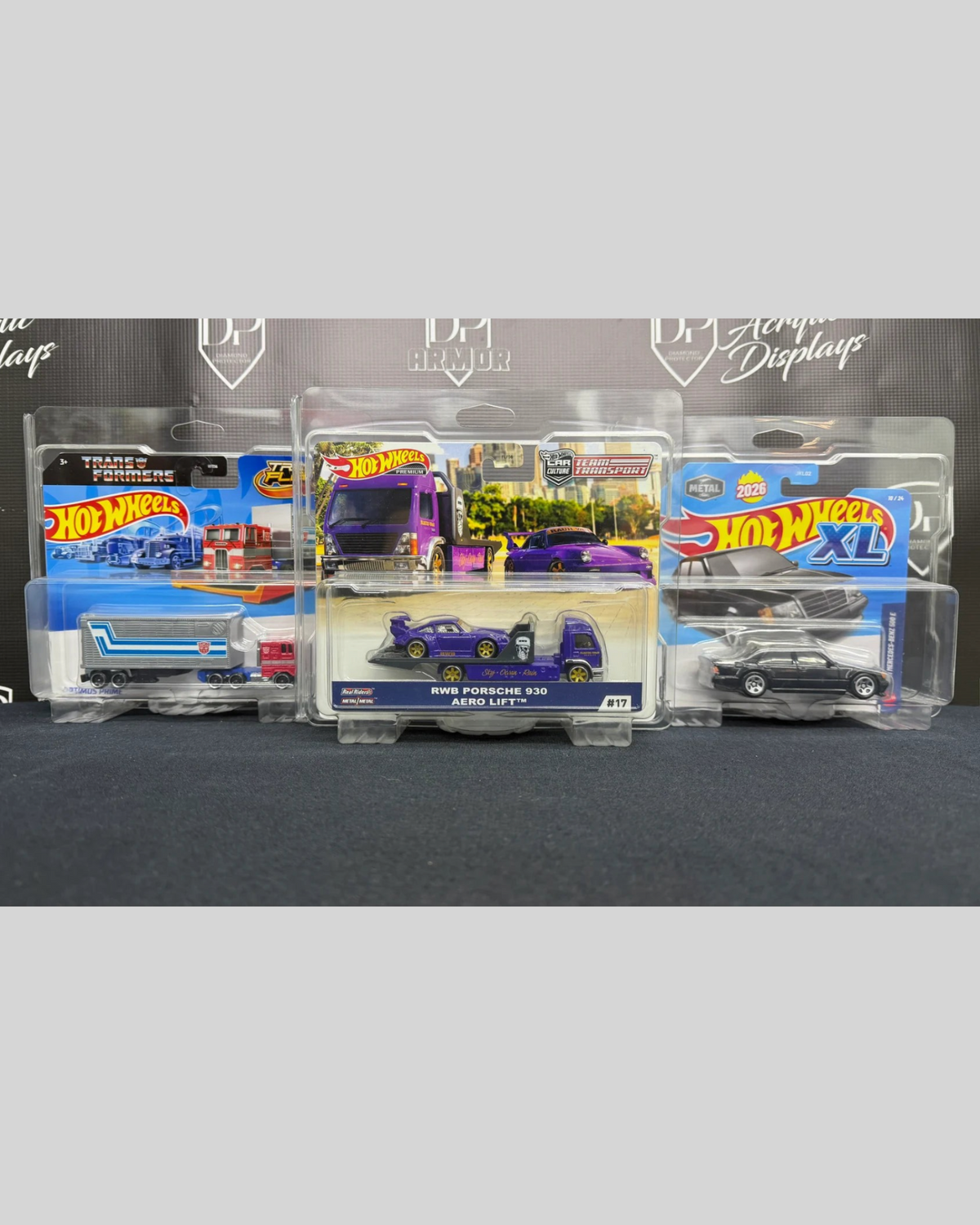 More Than Diecast clear PVC protective cases for Hot Wheels Team Transport, Track Fleet, and XL series diecast cars.