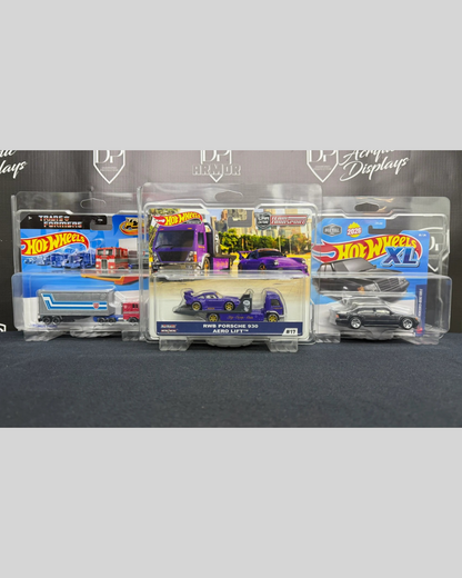 More Than Diecast clear PVC protective cases for Hot Wheels Team Transport, Track Fleet, and XL series diecast cars.