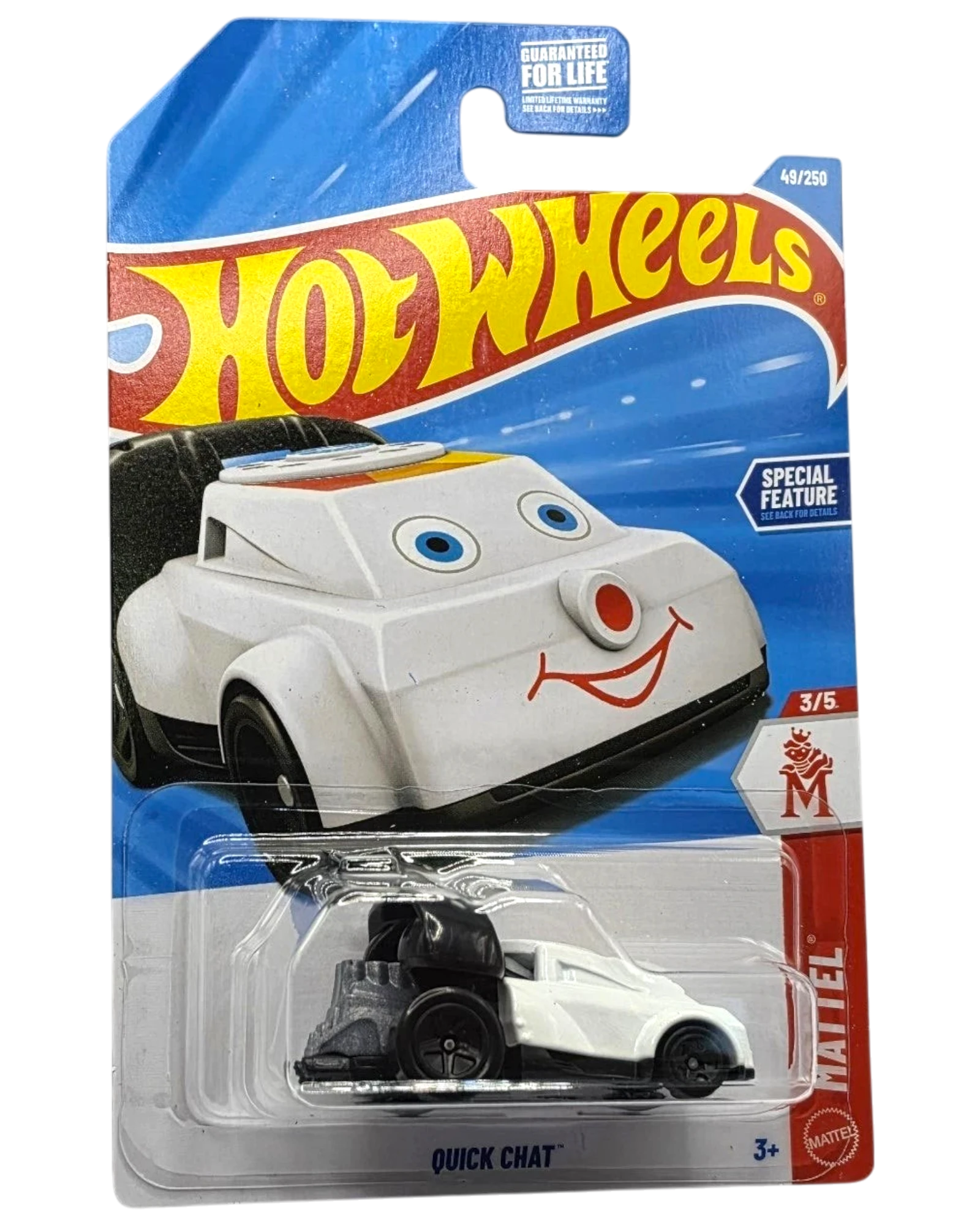 More Than Diecast Hot Wheels Quick Chat toy car, white with black accents and a smiling face design.
