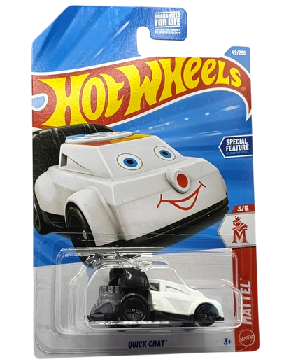 More Than Diecast Hot Wheels Quick Chat toy car, white with black accents and a smiling face design.