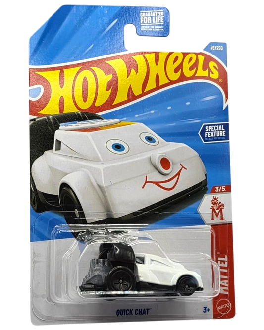 More Than Diecast Hot Wheels Quick Chat toy car, white with black accents and a smiling face design.