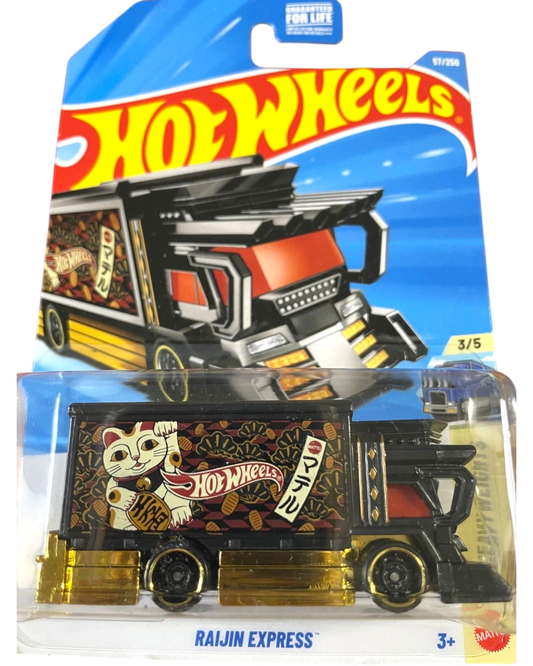 More Than Diecast Hot Wheels Raijin Express truck, black with gold accents and Japanese Maneki-neko cat graphic.