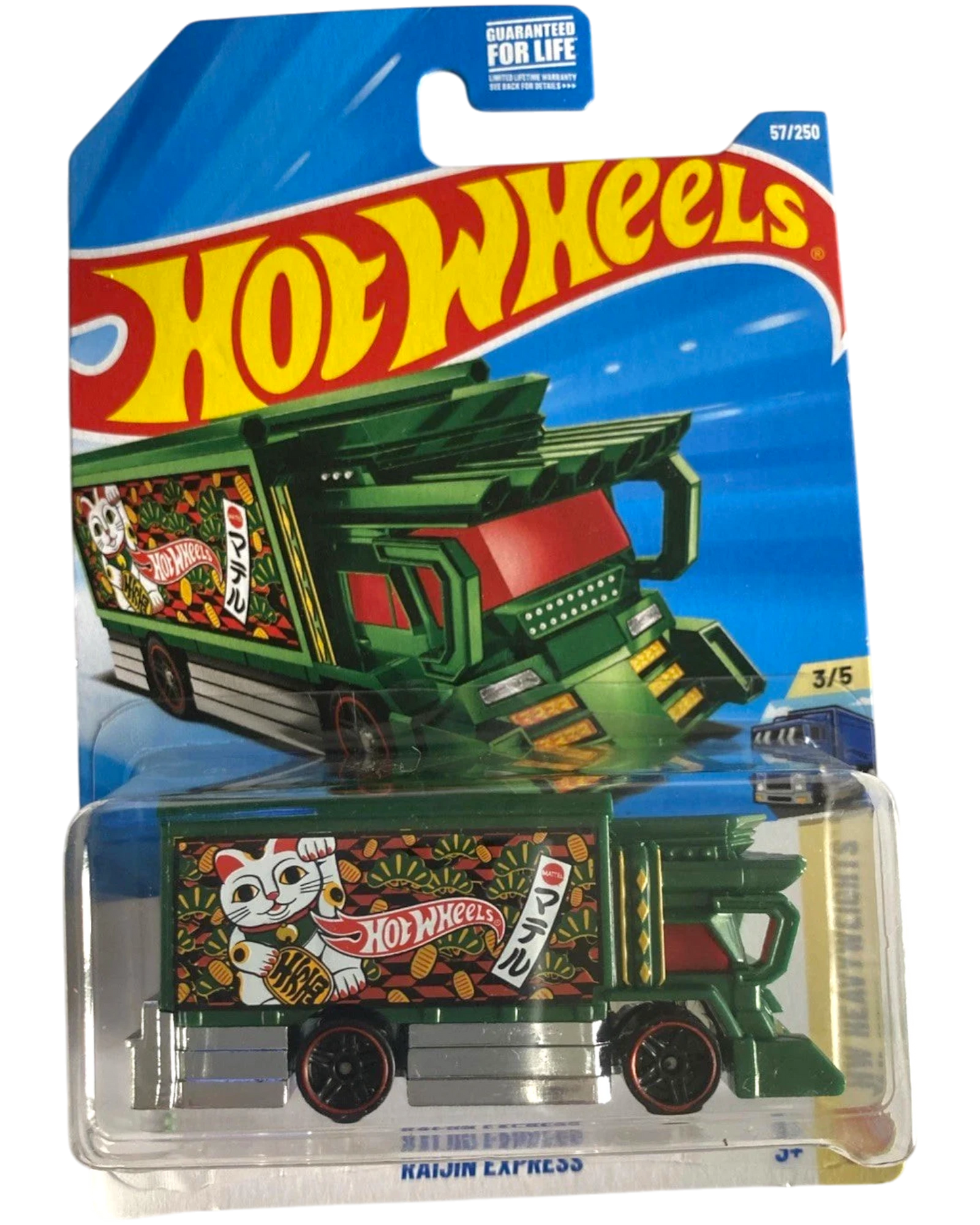 More Than Diecast 2026 Hot Wheels Raijin Express truck with green body and Japanese lucky cat graphics.