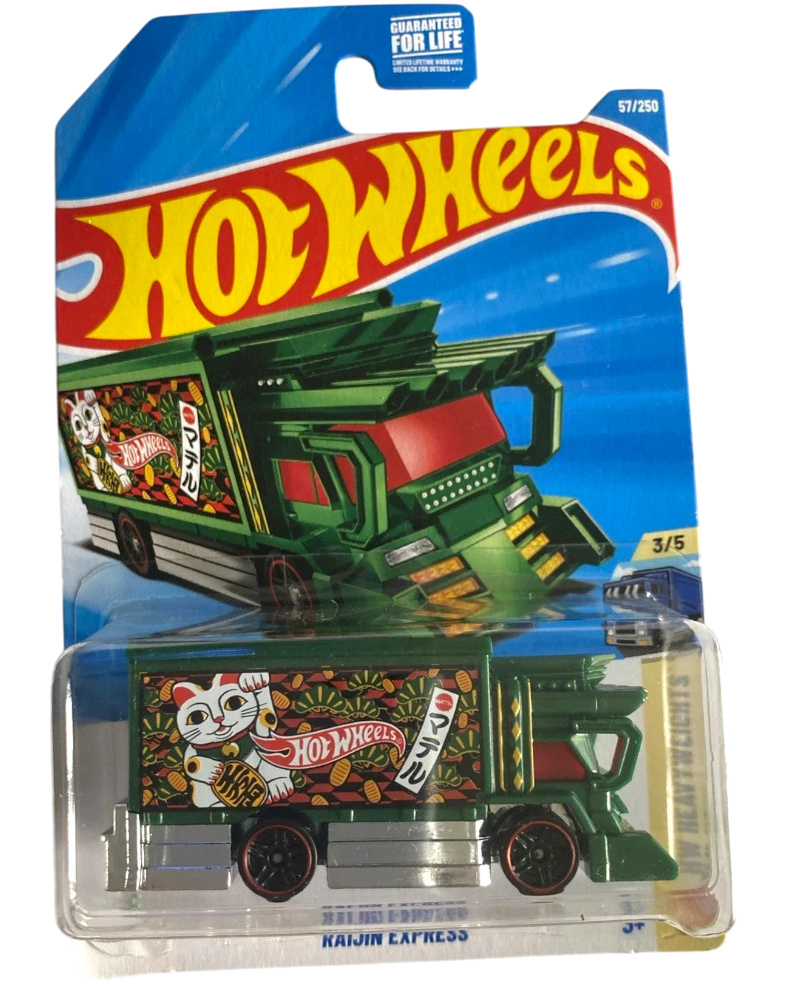 More Than Diecast 2026 Hot Wheels Raijin Express truck with green body and Japanese lucky cat graphics.