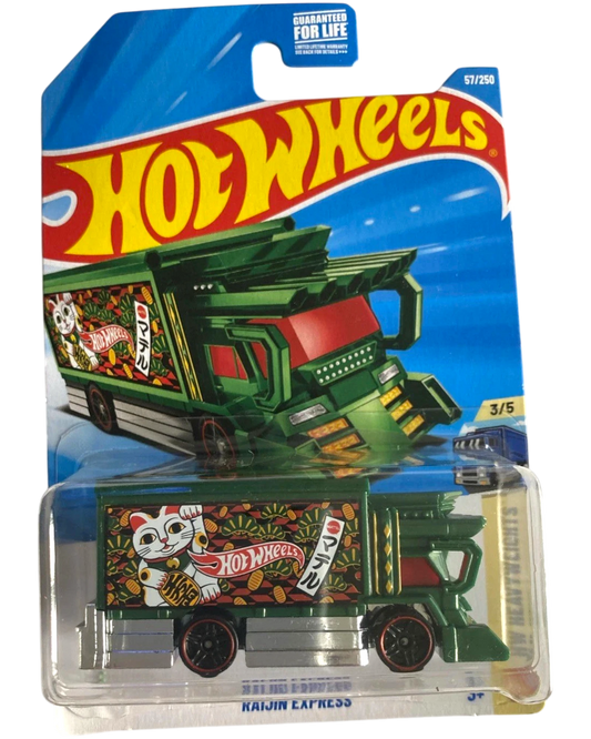 More Than Diecast 2026 Hot Wheels Raijin Express truck with green body and Japanese lucky cat graphics.
