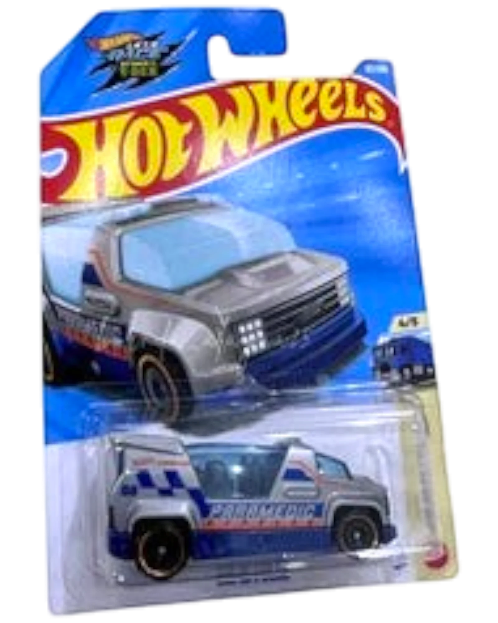 More Than Diecast Hot Wheels Rapid Pulse gray paramedic die-cast car in original packaging with minor card damage
